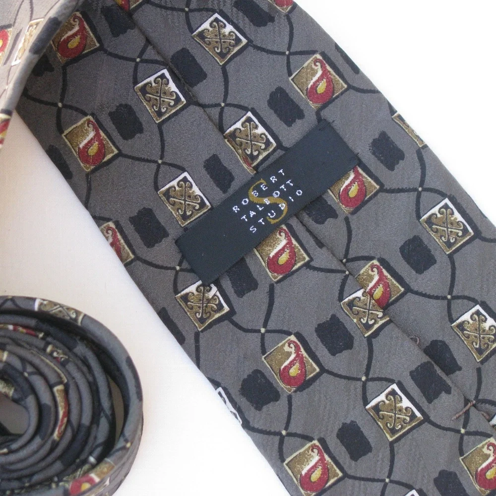 Robert Talbott Studio Mens Classic Silk Tie Grey Black Burgundy Gold Office